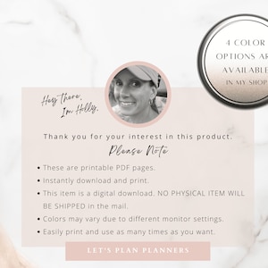 May include: A digital download for printable planner pages. The image shows a woman smiling and a text box with the words "Please Note" and a list of bullet points describing the product. The text box also includes the words "Let's Plan Planners".