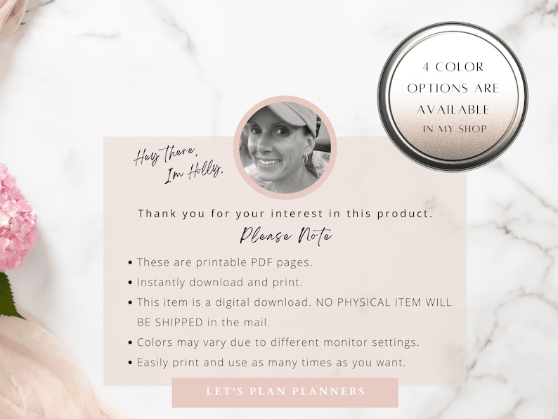 May include: A digital download for printable planner pages. The image shows a woman smiling and a text box with the words "Please Note" and a list of bullet points describing the product. The text box also includes the words "Let's Plan Planners".