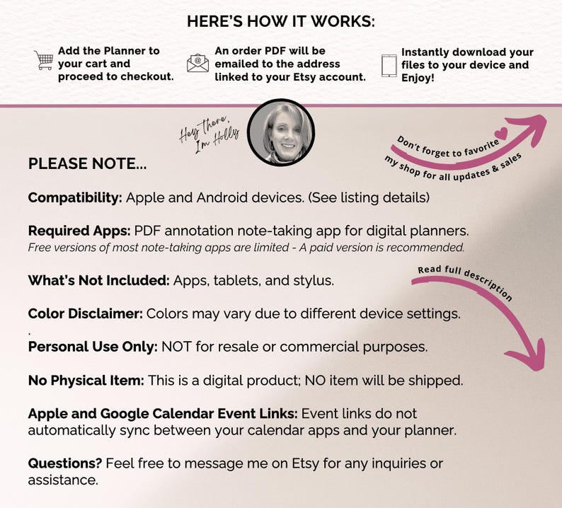 May include: A digital product listing with text including "Add the Planner to your cart", "Apple and Android devices", and "No Physical Item". The image has a light beige background with pink accents and a photo of a woman.