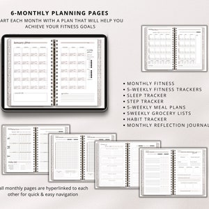 Puede incluir: Un planificador de fitness de seis meses con un dise&ntilde;o en blanco y negro. El planificador incluye rastreadores de fitness mensuales, rastreadores de sue&ntilde;o, rastreadores de pasos, planes de comidas, listas de compras, rastreadores de h&aacute;bitos y un diario de reflexi&oacute;n mensual. El planificador est&aacute; dise&ntilde;ado para ayudarte a alcanzar tus objetivos de fitness.
