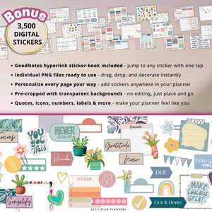 Puede incluir: Una colecci&oacute;n de 3.500 pegatinas digitales con diversos iconos, etiquetas, citas y formas. El conjunto incluye archivos PNG precortados con fondos transparentes, un libro de pegatinas para GoodNotes y texto con caracter&iacute;sticas.