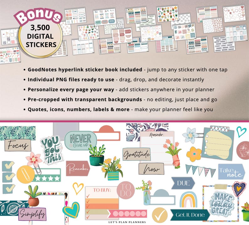 Puede incluir: Una colecci&oacute;n de 3.500 pegatinas digitales con diversos iconos, etiquetas, citas y formas. El conjunto incluye archivos PNG precortados con fondos transparentes, un libro de pegatinas para GoodNotes y texto con caracter&iacute;sticas.