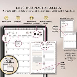 May include: Digital planner with a beige and white design, featuring a calendar for January. Includes daily, weekly, and monthly pages with built-in hyperlinks. Offers portrait and landscape views, with options to track meals, water, and moods.
