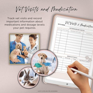 May include: A printable planner page with a pink and white design. The page is titled "Vet Visits & Medication" and includes sections for recording pet information, veterinarian visits, and medication details. The page also features paw print icons.