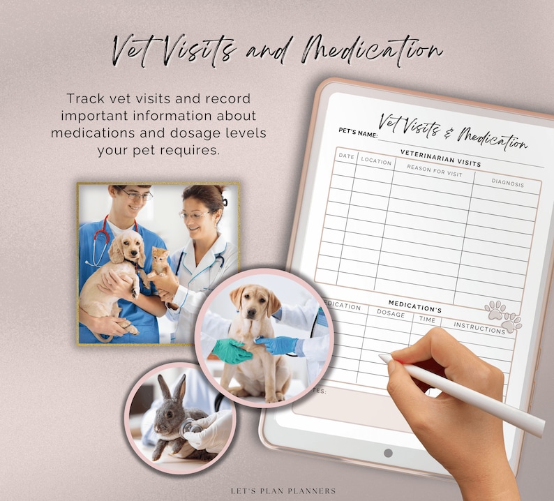May include: A printable planner page with a pink and white design. The page is titled "Vet Visits & Medication" and includes sections for recording pet information, veterinarian visits, and medication details. The page also features paw print icons.
