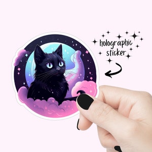 Sticker holographique mignon chat galaxie noir Sticker chat de l'espace Sticker chat noir Sticker maman chat Sticker maman fourrure chat noir chaton