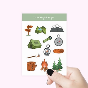 Feuille d'autocollants de camping pour journal d'été, lot d'autocollants de nature sauvage pour agenda, lot d'autocollants de camping, ambiance nature, ensemble d'autocollants d'été, randonnée