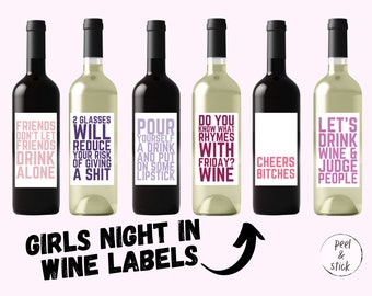 Girls night in wine labels, custom wine bottle labels, bachelorette funny wine stickers, birthday gift wine bottle labels, champagne labels