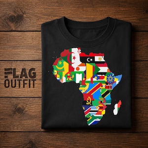 May include: A black t-shirt featuring a graphic of the African continent filled with a mosaic of various national flags. The design displays a colorful map of Africa composed of distinct flag patterns, centered on the front of the garment.