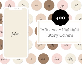May include: A set of 400 social media story highlight covers in various shades of brown, beige, and pink. The covers feature text such as "fashion", "play", "home", "yoga", "food", "faith", "birthday", "lashes", "vibes", and "beach".