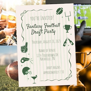 Op de afbeelding: Uitnodiging voor een Fantasy Football Draft Party met een groen en wit gestreept ontwerp. De tekst luidt "YOU'RE INVITED! Fantasy Football Draft Party" met evenementdetails. Voetbalgerelateerde illustraties zijn ook inbegrepen.
