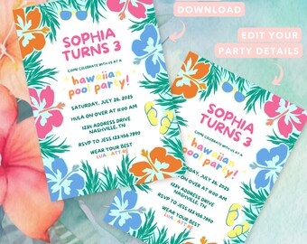 May include: Two invitations for a Hawaiian pool party. The invitations feature colorful floral and leaf designs with the text "Sophia Turns 3" and party details. The invitations are a digital download.