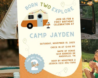 Faire-part d'anniversaire Explore Born Two | Invitation à une fête d'anniversaire au camping pour garçon | Aventure en plein air modifiable en téléchargement numérique | Imprimable
