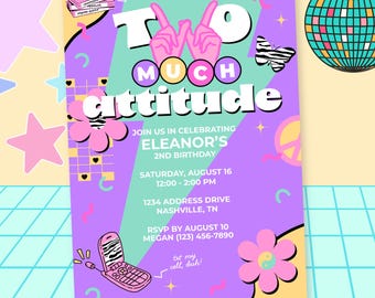 90s 2nd Birthday Party Invitation | Two Much Attitude | Y2K Second Birthday Retro Invite | Baby Girl | Digital Download Invitation Template