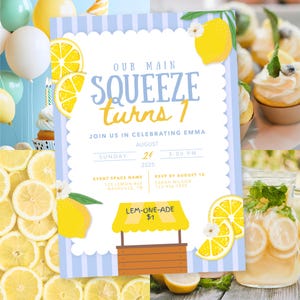 Main Squeeze Lemon First Birthday Invitation | Lemonade Birthday Invite | Blue, Yellow Lemon Design | Editable Digital Invitation Template