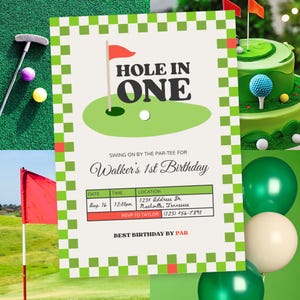 Hole In One Birthday Invitation | Golf First Birthday Invite | 1st Birthday Editable Digital Download Template | Boy&#39;s Par-Tee Printable