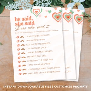 Bridal Shower Game | He Said She Said Printable Game |  Guess Who Said It | Bride Game | Pink, Green, Orange | Editable Bridal Game Template