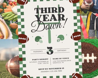 Faire-part modifiable pour le 3e anniversaire du football | Fin de troisième année | Modèle de fête de sport pour garçons à téléchargement numérique | Invitation imprimable