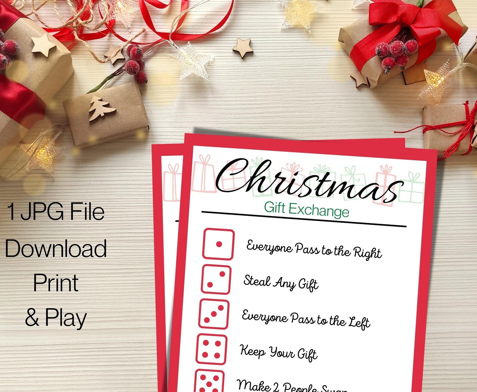 Printable Christmas Gift Exchange Dice Game, Present Swap, White ...