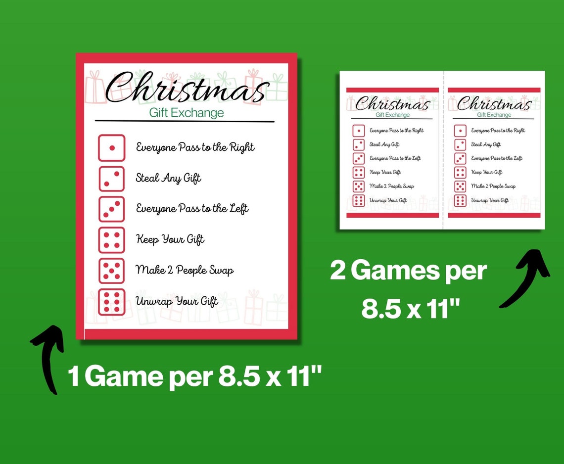 Printable Christmas Gift Exchange Dice Game, Present Swap, White ...
