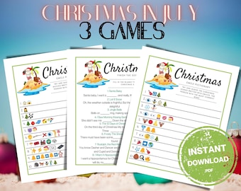 Christmas In July 3 Game Bundle | Printable Christmas in July Games  | Emoji Pictionary | Finish the Lyrics | Print and Play Quiz Games