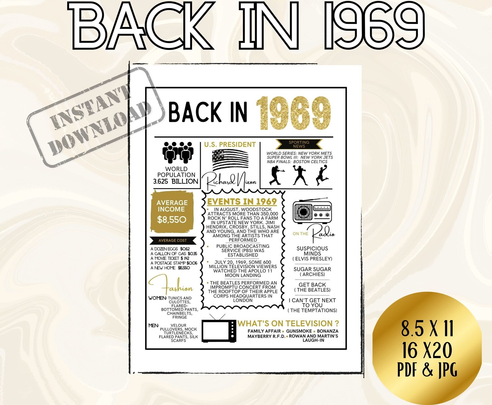 1969 Fun Facts Poster, 52nd Birthday Gift, Vintage Print (digital ...