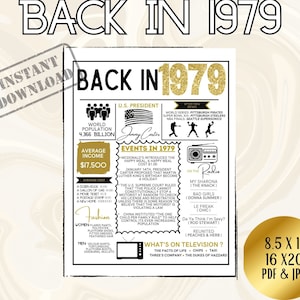 Back in 1979 Printable Poster - Sign | Birthday Party Decorations | Class Reunion | The Year You Were Born | Unique Gift Idea 16x20 & 8.5x11