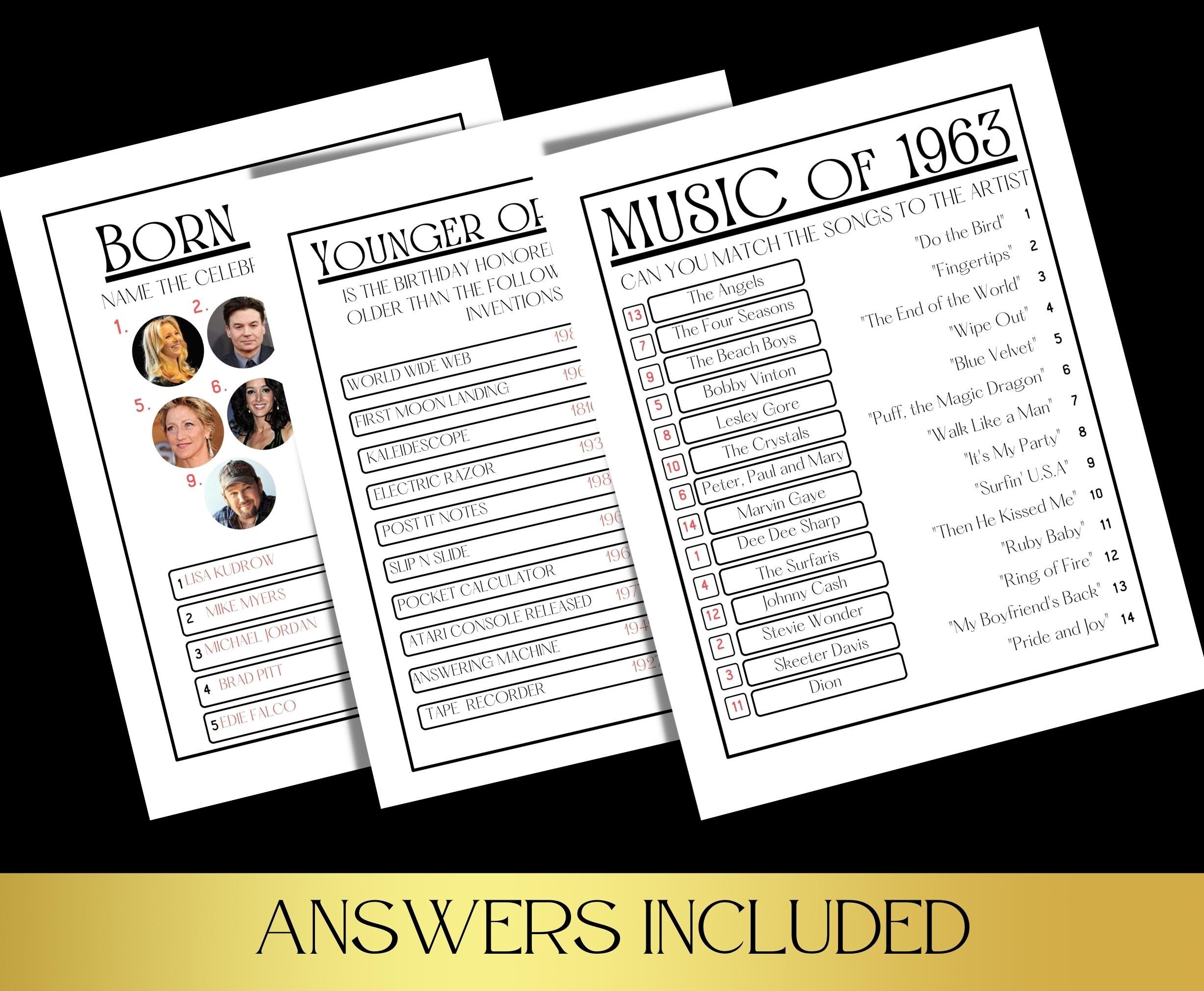 60th Birthday Party Games Bundle, Born in 1963 Game, Printable 60th ...