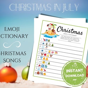 Christmas In July Emoji Pictionary Printable Game, Guess the Song, Summer Santa Party, Christmas in the summer
