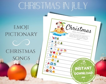 Christmas In July Emoji Pictionary Printable Game, Guess the Song, Summer Santa Party, Christmas in the summer