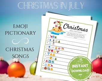 Christmas In July Emoji Pictionary Printable Game, Guess the Song, Summer Santa Party, Christmas in the summer