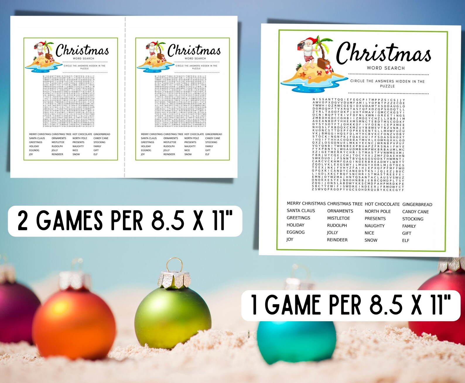 Christmas in July Printable Word Search, Summer Santa Party Games, Word Find Game, Games for 