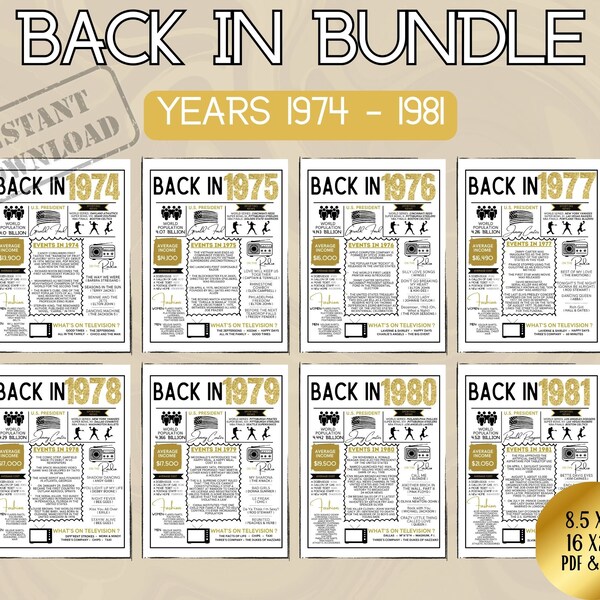 Back in Bundle: 1974-1981 Retro Collection for Nostalgic Memories and Timeless Charm, Printable, Time capsule art, Reunion Ideas