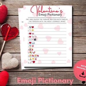 Valentines Day Emoji Pictionary Printable Valentines Games Classroom Party Game Cute Valentine Quiz Valentines Family Games Hearts image 1