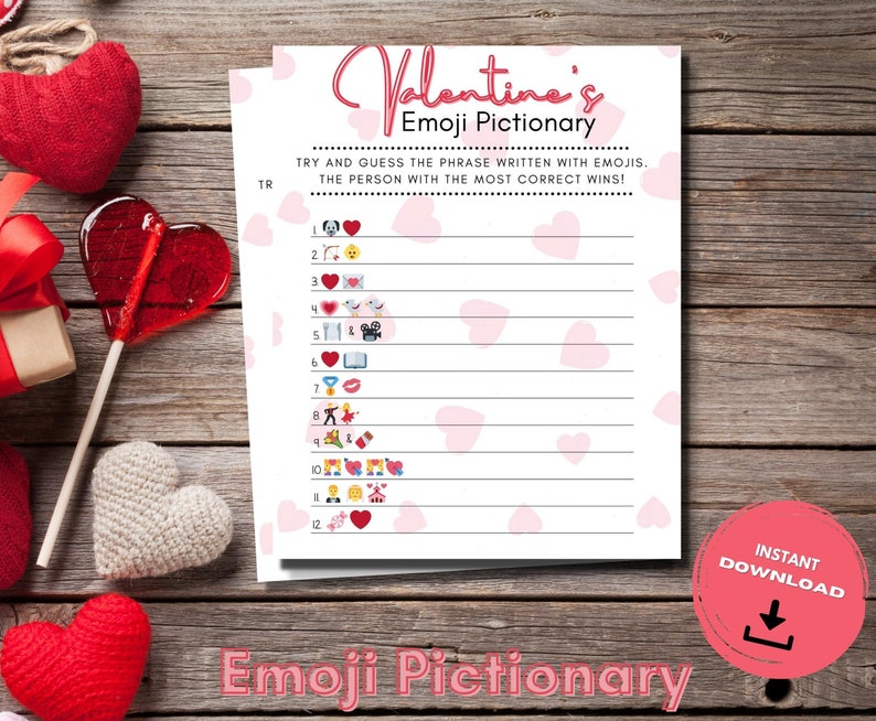 Valentines Day Emoji Pictionary Printable Valentines Games Classroom Party Game Cute Valentine Quiz Valentines Family Games Hearts image 1