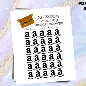 May include: A printable Amazon shopping savings challenge tracker with a goal section and a grid of 30 Amazon logos. The text reads "Amazon Shopping Savings Challenge" and "For Every $___".