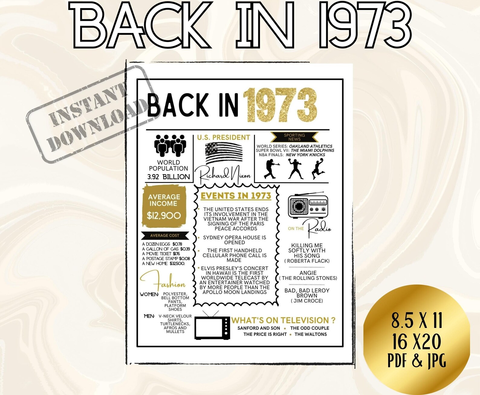 Printable back in 1973 Print for 50th Birthday or Reunion, Back in 1973