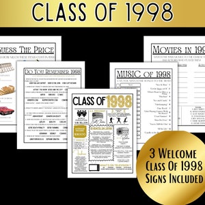 Class of '98 Reunion Party Games - Nostalgische gamebundel: informatieblad, muziek, films, prijzen en trivia! Welkomstklas van 1998-borden
