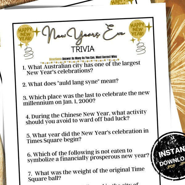 New Years 2023 Trivia |  New Years Eve |  Holiday Trivia | NYE Party Game | Printable New Years Games | NYE Trivia | Happy New Year 2023