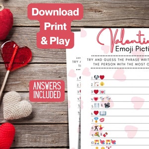 Valentines Day Emoji Pictionary Printable Valentines Games Classroom Party Game Cute Valentine Quiz Valentines Family Games Hearts image 3