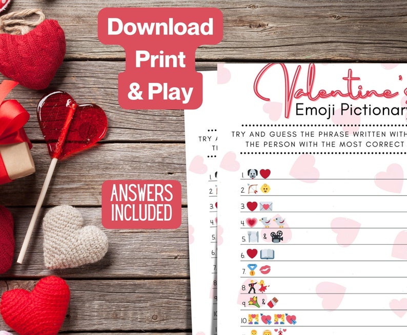 Valentines Day Emoji Pictionary Printable Valentines Games Classroom Party Game Cute Valentine Quiz Valentines Family Games Hearts image 3