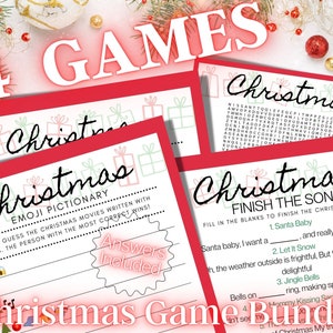 4 Printable Christmas Game Bundle | Christmas Day | Holiday Party Game | Finish The Christmas Song |  Emoji Pictionary
