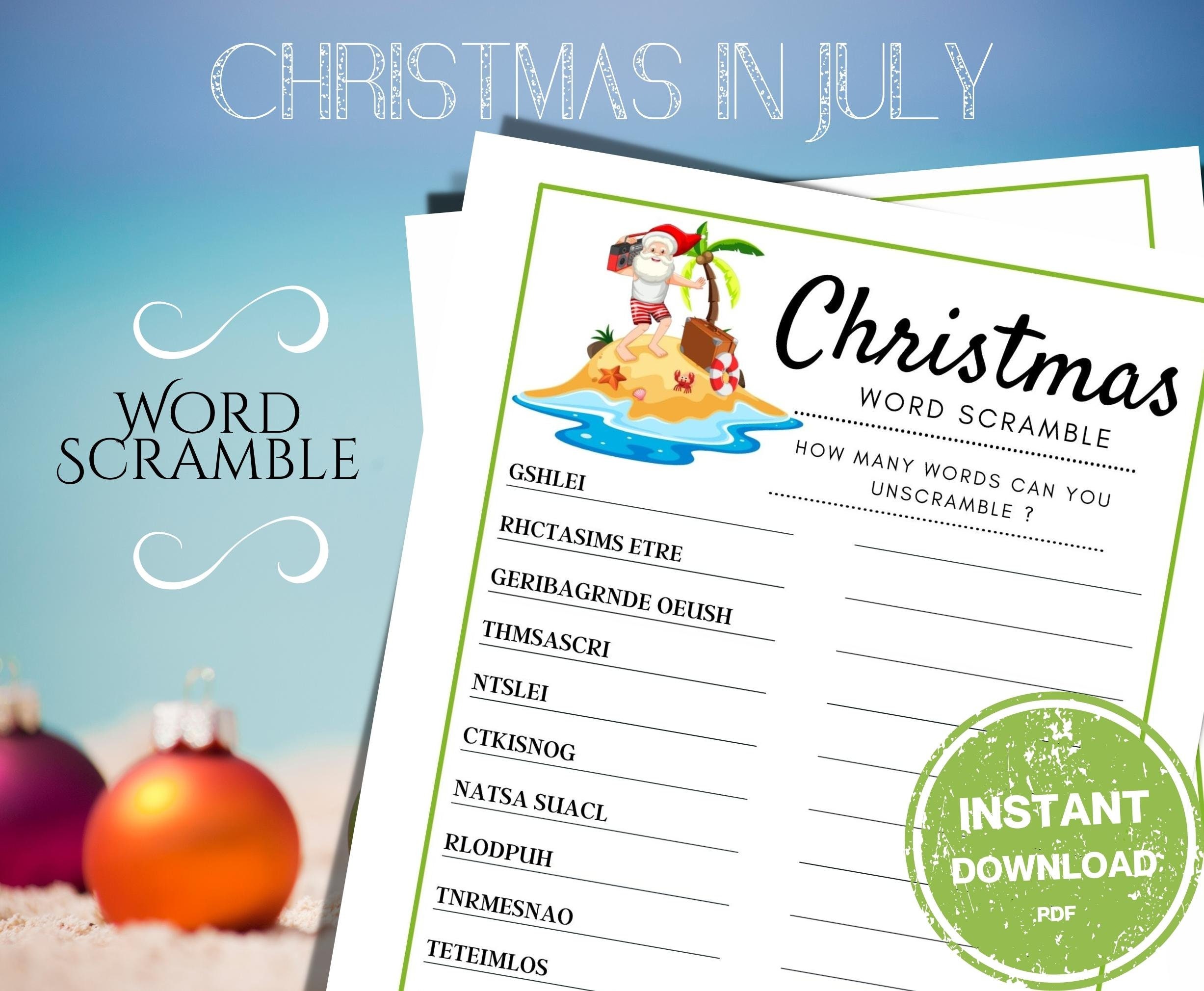 Christmas In July Word Scramble Game | Christmas Printable Games | Fun Christmas Party Game | Summer Santa Activity for Kids