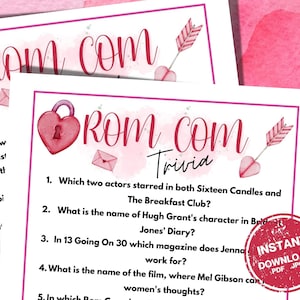 Peut inclure: Un jeu de questions-réponses sur les comédies romantiques imprimable avec un fond aquarelle rose et blanc. Le jeu propose des questions sur des comédies romantiques populaires. Le titre est "Rom Com Trivia" avec un cœur rose et une flèche.