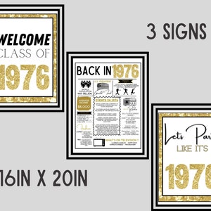 Puede incluir: Tres carteles imprimibles con detalles de purpurina dorada. El primer cartel dice "Bienvenido Clase de 1976". El segundo cartel dice "De vuelta en 1976" e incluye una lista de eventos que ocurrieron en 1976. El tercer cartel dice "Vamos a festejar como en 1976".
