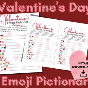 Valentines Day Emoji Pictionary Printable Valentines Games Classroom Party Game Cute Valentine Quiz Valentines Family Games Hearts image 2