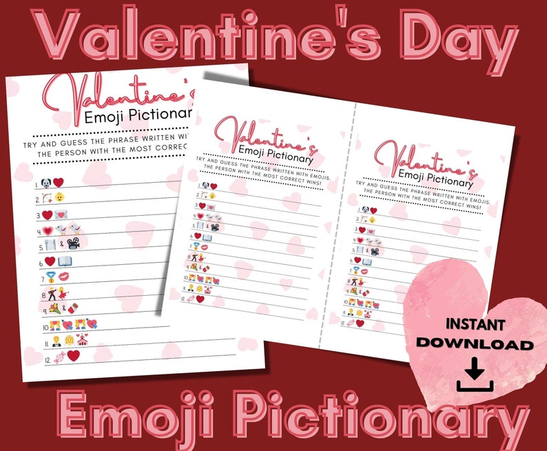 Valentines Day Emoji Pictionary Printable Valentines Games Classroom Party Game Cute Valentine Quiz Valentines Family Games Hearts image 2