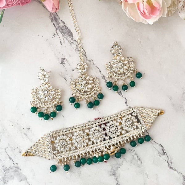 Emerald Green Floral  Kundan Gold Plated Choker Pearls Necklace Earrings and Maang Tikka Jewellery Set Kundan Set Indian Jewellery Set