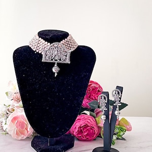 Oxidised Sliver Light Pink RadhaKrishna Choker Necklace with Matching Earrings For Women Indian Jewellery