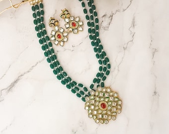 Emerald Green Kundan Rani Raar Long Kundan Necklace Set Matching Earrings Necklace Set Indian Necklace Set Indian Jewellery